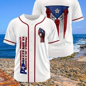 White Baseball Jersey with Puerto Rican Flag Design
